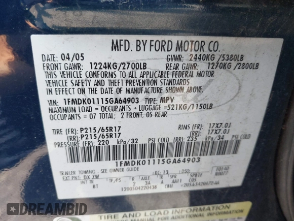 2005 Ford Freestyle SE z VIN 1FMDK01115GA64903, wystawiony jako IAAI lot #42232736 z przebiegiem 112 472 mil mil oraz . Historia ofert i sprzedaży dostępna na DreamBid. Obrazek 9.