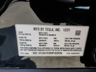 2022 Tesla Model S with VIN 5YJSA1E58NF463934, listed as a Copart auction lot 52435155 with 18,954 mi miles and Salvage Title. Bid and sale history available at DreamBid. Image 14.