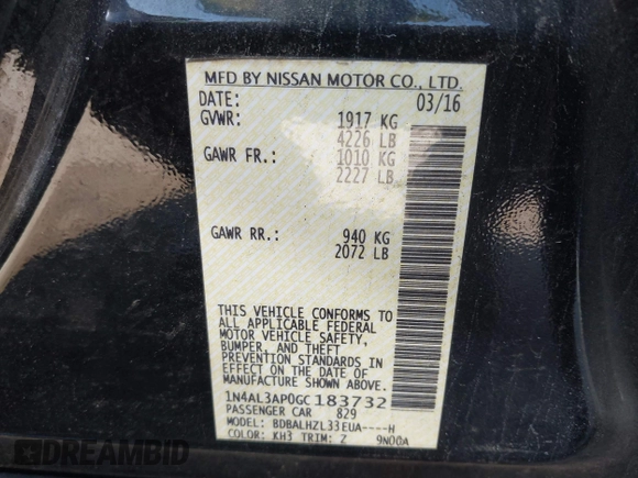 2016 Nissan Altima SR with VIN 1N4AL3AP0GC183732, listed as a IAAI auction lot 40519031 with 72,053 mi miles and . Bid and sale history available at carsss.com. Image 9.