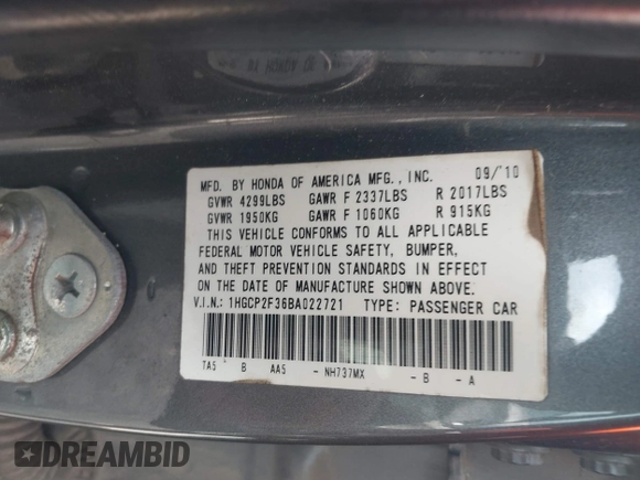 2011 Honda Accord LX z VIN 1HGCP2F36BA022721, wystawiony jako IAAI lot #42706280 z przebiegiem Nie podano mil oraz . Historia ofert i sprzedaży dostępna na DreamBid. Obrazek 9.
