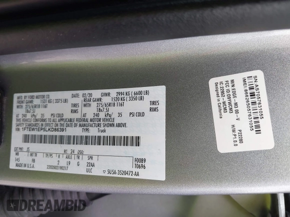 2020 Ford F-150 XL with VIN 1FTEW1EP5LKD86391, listed as a IAAI auction lot 42624676 with 54,066 mi miles and . Bid and sale history available at DreamBid. Image 9.