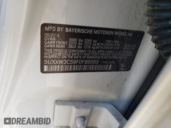 2015 BMW X4 xDrive28i with VIN 5UXXW3C59F0F89565, listed as a Copart auction lot 50074344 with 109,942 mi miles. Bid and sale history available at carsss.com. Image 13.