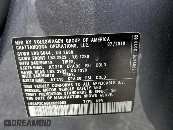 2019 Volkswagen Atlas S z VIN 1V2AP2CA5KC589952, wystawiony jako Copart lot #50528035 z przebiegiem 96 858 mil mil oraz Szkoda całkowita • Salvage title. Historia ofert i sprzedaży dostępna na DreamBid. Obrazek 13.