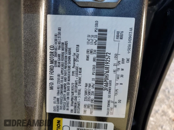 2018 Ford Fusion SE with VIN 3FA6P0H76JR192572, listed as a Copart auction lot 50030255 with 141,689 mi miles and Salvage Title. Bid and sale history available at DreamBid. Image 15.
