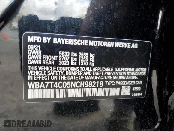 2022 BMW 7 Series 740i xDrive with VIN WBA7T4C05NCH98218, listed as a Copart auction lot 49058504 with 32,198 mi miles and . Bid and sale history available at DreamBid. Image 12.