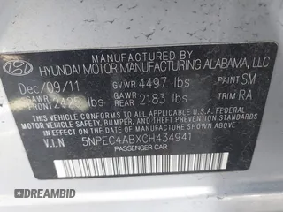 2012 Hyundai Sonata Limited with VIN 5NPEC4ABXCH434941, listed as a IAAI auction lot 41261600 with 87,776 mi miles and . Bid and sale history available at DreamBid. Image 9.