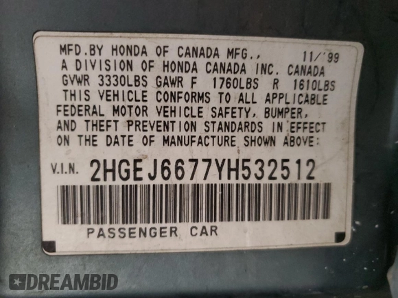 2000 Honda Civic LX with VIN 2HGEJ6677YH532512, listed as a Copart auction lot 75494574 with 160,317 mi miles and Salvage Title. Bid and sale history available at carsss.com. Image 14.