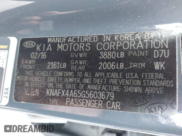 2016 Kia Forte LX with VIN KNAFX4A65G5603679, listed as a IAAI auction lot 42061229 with 89,413 mi miles. Bid and sale history available at carsss.com. Image 9.