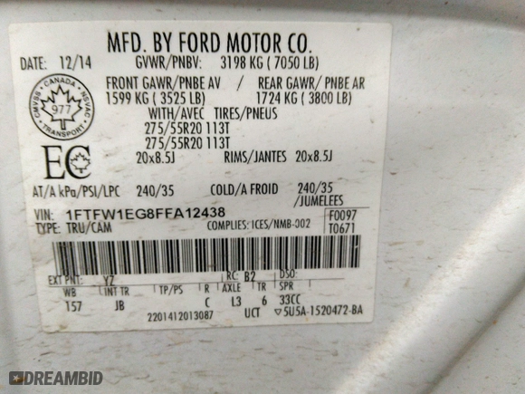 2015 Ford F-150 XLT w/HD Payload Pkg with VIN 1FTFW1EG8FFA12438, listed as a IAAI auction lot 41743982 with 174,799 mi miles. Bid and sale history available at carsss.com. Image 9.