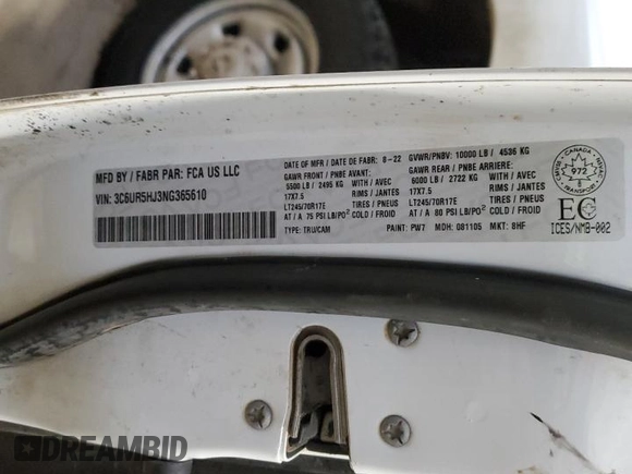 2022 Ram 2500 Tradesman z VIN 3C6UR5HJ3NG365610, wystawiony jako Copart lot #48679065 z przebiegiem 92 703 mil mil oraz Szkoda całkowita • Salvage title. Historia ofert i sprzedaży dostępna na DreamBid. Obrazek 13.