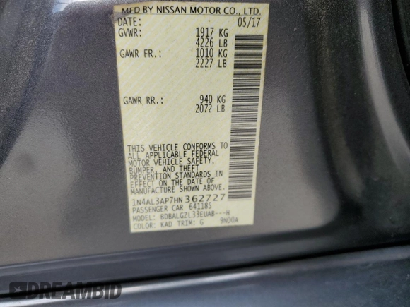 2017 Nissan Altima SR z VIN 1N4AL3AP7HN362727, wystawiony jako Copart lot #56459815 z przebiegiem 132 518 mil mil oraz Szkoda całkowita • Salvage title. Historia ofert i sprzedaży dostępna na DreamBid. Obrazek 12.
