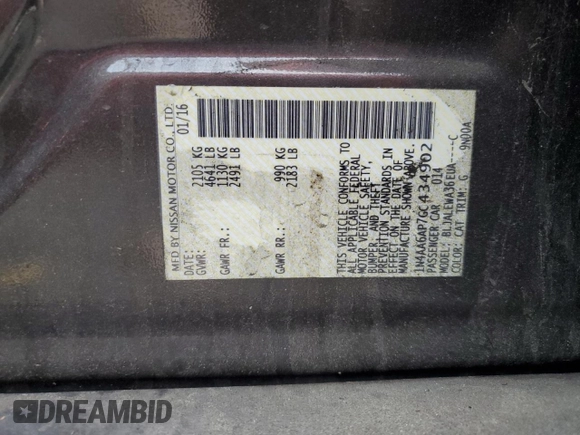 2016 Nissan Maxima SL with VIN 1N4AA6AP7GC434902, listed as a Copart auction lot 58396055 with 107,714 mi miles and Salvage title. Bid and sale history available at DreamBid. Image 12.