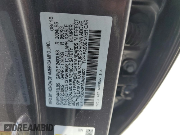 2018 Honda Accord Touring z VIN 1HGCV2F99JA048822, wystawiony jako Copart lot #57107905 z przebiegiem 95 128 mil mil oraz Szkoda całkowita • Salvage title. Historia ofert i sprzedaży dostępna na DreamBid. Obrazek 12.