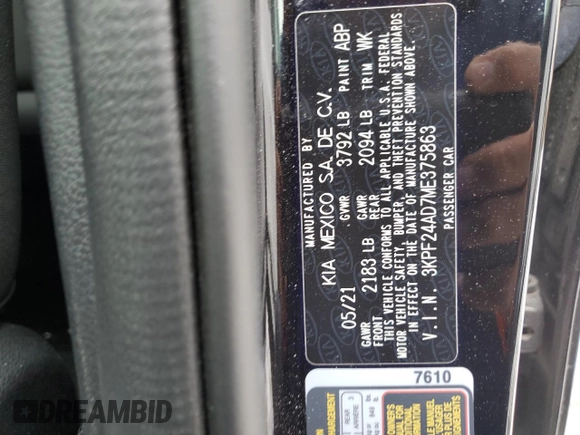 2021 Kia Forte LXS with VIN 3KPF24AD7ME375863, listed as a Copart auction lot 83383364 with 13,495 mi miles and Non repairable. Bid and sale history available at DreamBid. Image 13.