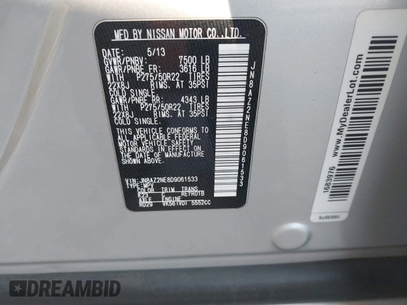 2013 Infiniti QX56 with VIN JN8AZ2NE8D9061533, listed as a IAAI auction lot 41260093 with 135,003 mi miles and . Bid and sale history available at DreamBid. Image 9.