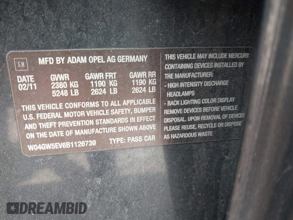 2011 Buick Regal CXL Turbo TO2 with VIN W04GW5EV6B1126739, listed as a IAAI auction lot 41877921 with Not Provided miles and . Bid and sale history available at DreamBid. Image 9.