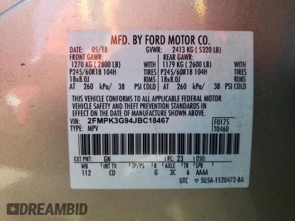 2018 Ford Edge SE with VIN 2FMPK3G94JBC18467, listed as a Copart auction lot 73178454 with 117,864 mi miles and Salvage title. Bid and sale history available at DreamBid. Image 13.