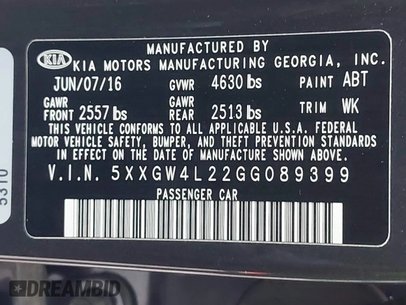 2016 Kia Optima SX Turbo with VIN 5XXGW4L22GG089399, listed as a IAAI auction lot 41498110 with 79,033 mi miles and . Bid and sale history available at DreamBid. Image 9.