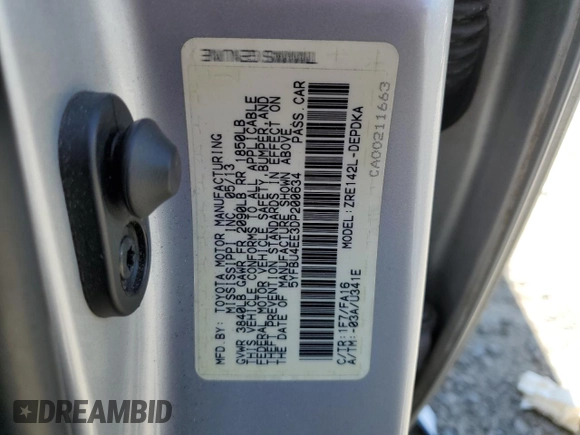 2013 Toyota Corolla L with VIN 5YFBU4EE3DP200634, listed as a Copart auction lot 52703355 with 86,245 mi miles and Salvage Title. Bid and sale history available at DreamBid. Image 12.