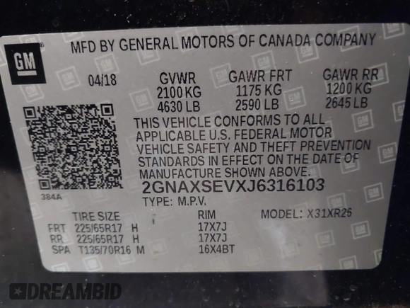 2018 Chevrolet Equinox LT z VIN 2GNAXSEVXJ6316103, wystawiony jako IAAI lot #42181425 z przebiegiem 67 552 mil mil oraz . Historia ofert i sprzedaży dostępna na DreamBid. Obrazek 9.