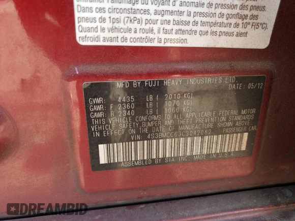 2012 Subaru Legacy Premium with VIN 4S3BMCC63C3042082, listed as a Copart auction lot 88227205 with 129,367 mi miles and Salvage title. Bid and sale history available at DreamBid. Image 12.
