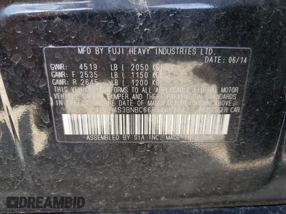 2015 Subaru Legacy Premium z VIN 4S3BNBC66F3005264, wystawiony jako Copart lot #57573615 z przebiegiem Nie podano mil oraz Szkoda całkowita • Salvage title. Historia ofert i sprzedaży dostępna na DreamBid. Obrazek 14.