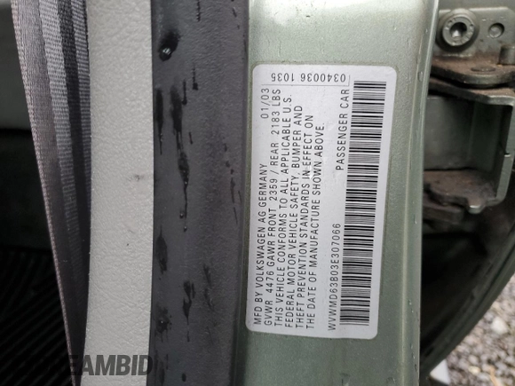 2003 Volkswagen Passat GL с VIN WVWMD63B03E307066, выставлен на аукционе Copart как лот 86142894 с пробегом 84 899 миль миль и Списание • Salvage title. История ставок и продаж доступна на DreamBid. Изображение 12.