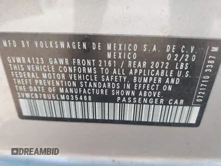2020 Volkswagen Jetta S z VIN 3VWCB7BU5LM035468, wystawiony jako IAAI lot #41785899 z przebiegiem 69 058 mil mil oraz . Historia ofert i sprzedaży dostępna na DreamBid. Obrazek 9.