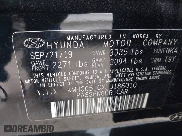 2020 Hyundai Ioniq Blue with VIN KMHC65LCXLU186010, listed as a IAAI auction lot 42019760 with 118,004 mi miles and . Bid and sale history available at DreamBid. Image 9.