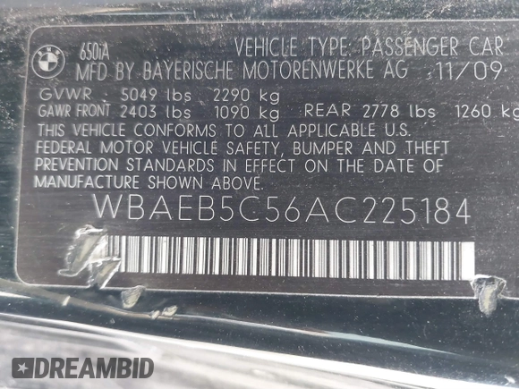 2010 BMW 6 Series 650i with VIN WBAEB5C56AC225184, listed as a IAAI auction lot 41698550 with 105,648 mi miles and . Bid and sale history available at carsss.com. Image 9.