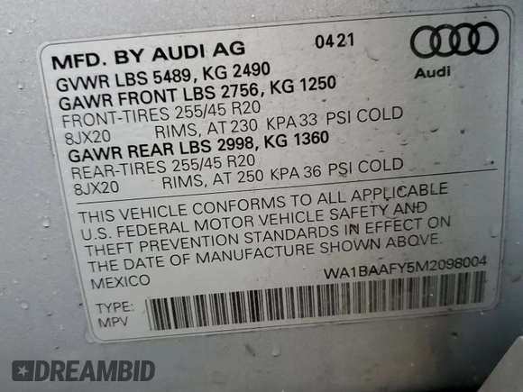 2021 Audi Q5 Premium Plus with VIN WA1BAAFY5M2098004, listed as a Copart auction lot 70068762 with 10,336 mi miles. Bid and sale history available at carsss.com. Image 13.