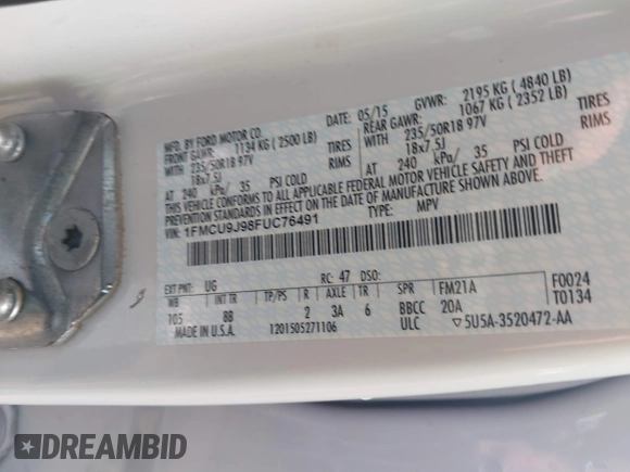 2015 Ford Escape Titanium with VIN 1FMCU9J98FUC76491, listed as a IAAI auction lot 41790638 with 158,196 mi miles and . Bid and sale history available at DreamBid. Image 9.