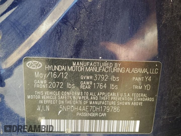 2013 Hyundai Elantra Limited with VIN 5NPDH4AE7DH179786, listed as a Copart auction lot 52531825 with 147,850 mi miles and Salvage Title. Bid and sale history available at DreamBid. Image 12.