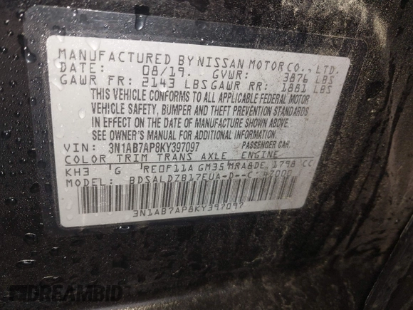 2019 Nissan Sentra S with VIN 3N1AB7AP8KY397097, listed as a IAAI auction lot 42038956 with 51,538 mi miles and . Bid and sale history available at DreamBid. Image 9.
