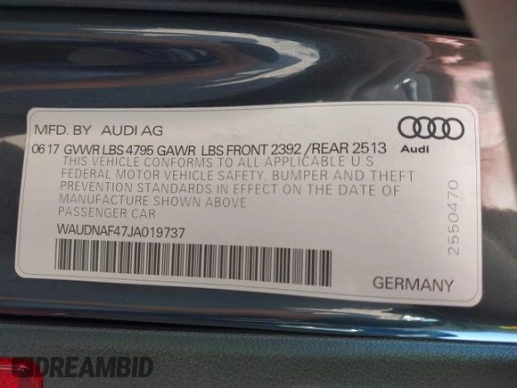 2018 Audi A4 Premium with VIN WAUDNAF47JA019737, listed as a IAAI auction lot 41506511 with 49,605 mi miles. Bid and sale history available at carsss.com. Image 9.