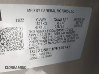 2023 Chevrolet Malibu LT with VIN 1G1ZD5ST1PF139747, listed as a IAAI auction lot 42122497 with 53,159 mi miles and . Bid and sale history available at DreamBid. Image 9.