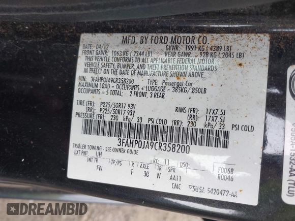 2012 Ford Fusion SEL with VIN 3FAHP0JA9CR358200, listed as a IAAI auction lot 42424734 with 177,294 mi miles and . Bid and sale history available at DreamBid. Image 9.