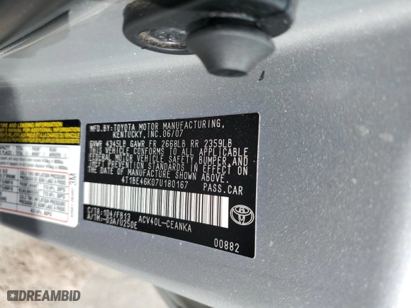 2007 Toyota Camry CE with VIN 4T1BE46K07U180167, listed as a Copart auction lot 48180175 with 167,984 mi miles and Salvage Title. Bid and sale history available at carsss.com. Image 14.