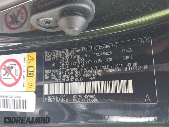 2018 Lexus RX 350 with VIN 2T2BZMCA6JC149333, listed as a IAAI auction lot 42518996 with 103,043 mi miles and . Bid and sale history available at DreamBid. Image 9.