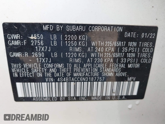 2022 Subaru Outback Premium с VIN 4S4BTACC6N3187757, выставлен на аукционе IAAI как лот 42108362 с пробегом 80 398 миль миль и . История ставок и продаж доступна на DreamBid. Изображение 9.