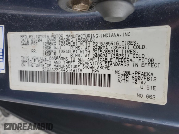 2004 Toyota Sienna CE with VIN 5TDZA23CX4S149119, listed as a Copart auction lot 84685654 with 311,645 mi miles and Salvage Title. Bid and sale history available at carsss.com. Image 15.