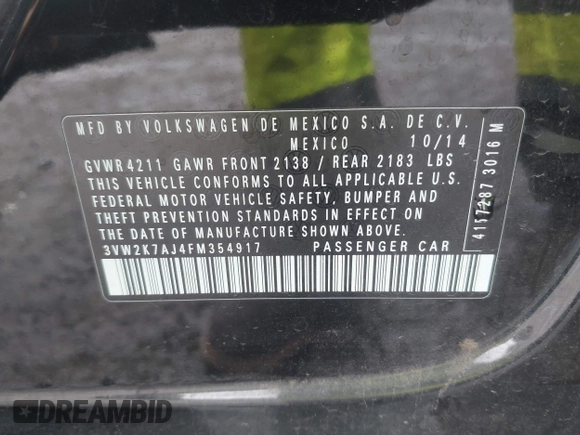 2015 Volkswagen Jetta S with VIN 3VW2K7AJ4FM354917, listed as a IAAI auction lot 42299798 with 186,048 mi miles and . Bid and sale history available at DreamBid. Image 9.