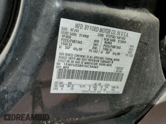 2001 Ford Escape with VIN 1FMYU03B91KC56563, listed as a Copart auction lot 81233934 with 173,775 mi miles and Non repairable. Bid and sale history available at DreamBid. Image 14.