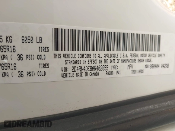 2010 Dodge Grand Caravan SE with VIN 2D4RN4DE8AR402655, listed as a IAAI auction lot 41883296 with 245,961 mi miles and . Bid and sale history available at DreamBid. Image 9.