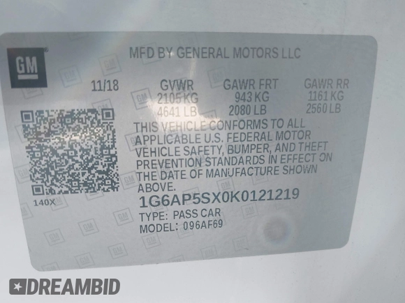 2019 Cadillac CTS RWD with VIN 1G6AP5SX0K0121219, listed as a IAAI auction lot 41239899 with 84,588 mi miles and . Bid and sale history available at DreamBid. Image 9.