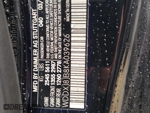 2019 Mercedes-Benz S 63 AMG with VIN WDDXJ8JB8KA039626, listed as a Copart auction lot 39791774 with Not Provided miles and Salvage Title. Bid and sale history available at DreamBid. Image 13.