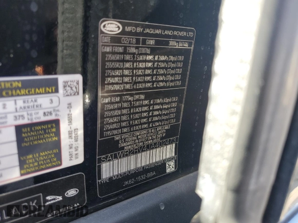 2018 Land Rover Range Rover Sport HSE with VIN SALWR2RV4JA402473, listed as a Copart auction lot 60678245 with 89,962 mi miles and Clean title. Bid and sale history available at DreamBid. Image 13.