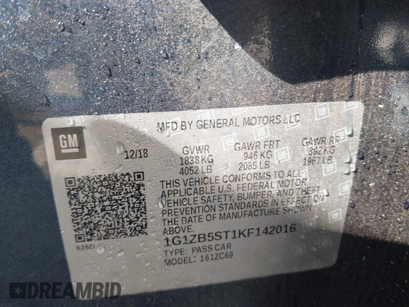 2019 Chevrolet Malibu LS with VIN 1G1ZB5ST1KF142016, listed as a IAAI auction lot 41770598 with 117,175 mi miles and . Bid and sale history available at DreamBid. Image 9.