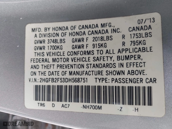 2013 Honda Civic Sdn LX with VIN 2HGFB2F53DH568751, listed as a IAAI auction lot 41886647 with 149,553 mi miles. Bid and sale history available at carsss.com. Image 9.