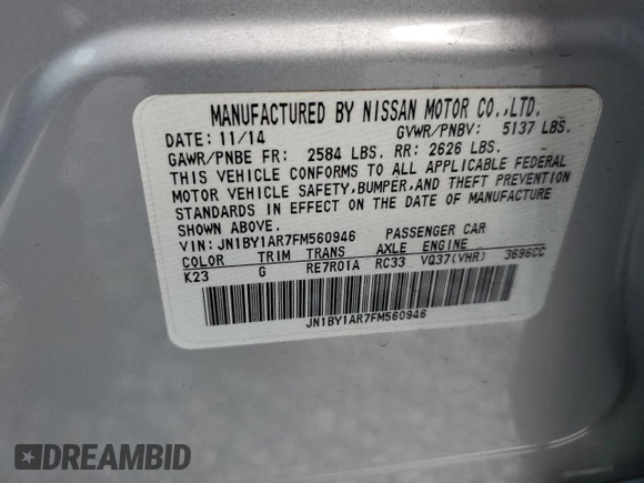 2015 Infiniti Q70 with VIN JN1BY1AR7FM560946, listed as a Copart auction lot 56323775 with 48,155 mi miles and Salvage title. Bid and sale history available at DreamBid. Image 12.